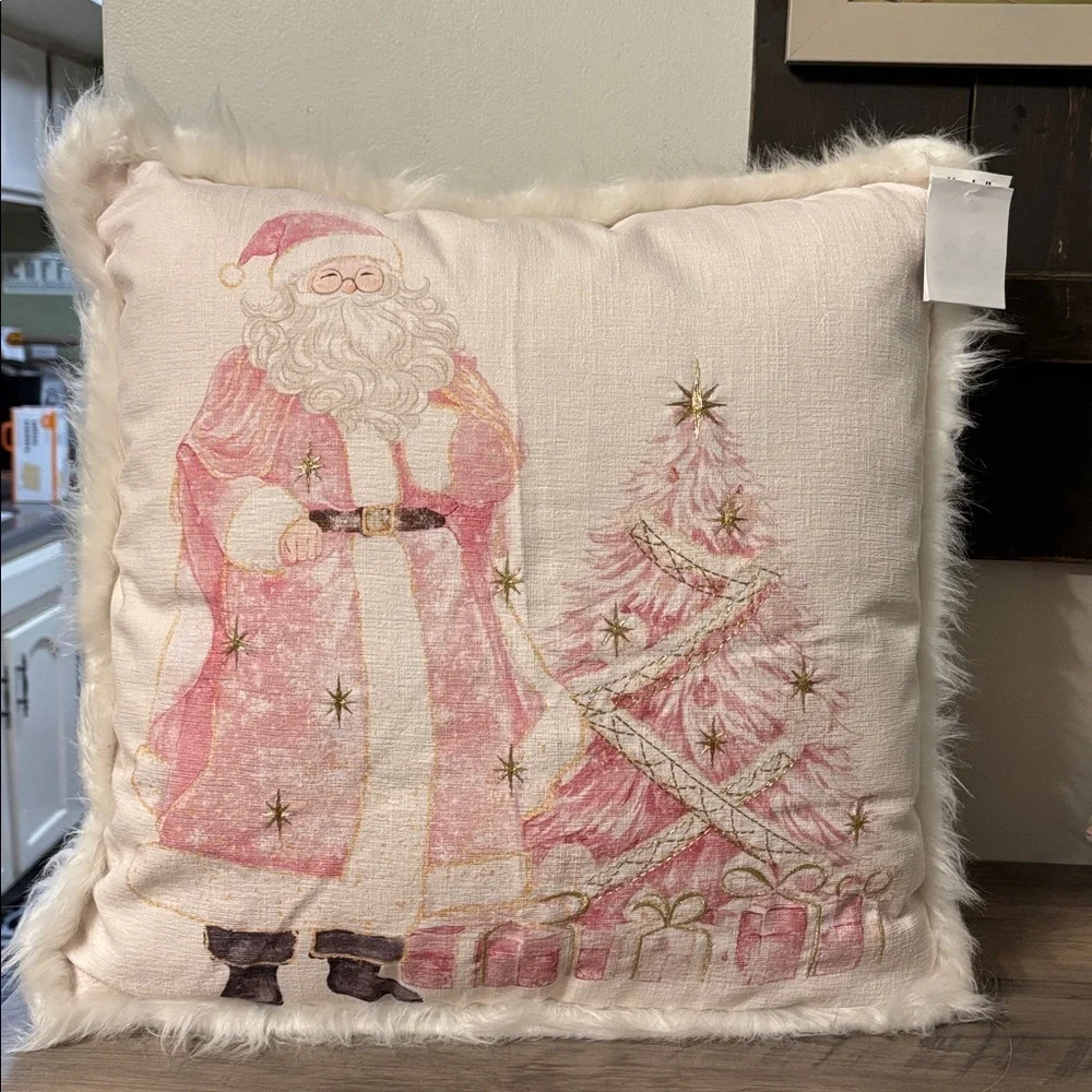 NWT Pink Santa & PINK CHRISTMAS Tree 20 X 20 THROW Pillow W/ FAUX FUR TRIM